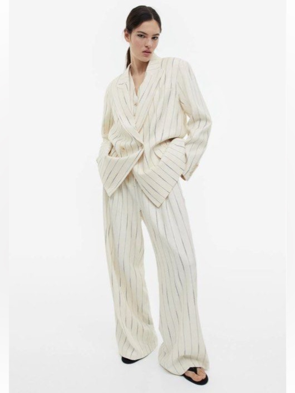 Pinstripe Linen Blend Slouchy Oversized Blazer & Wide Leg Pants